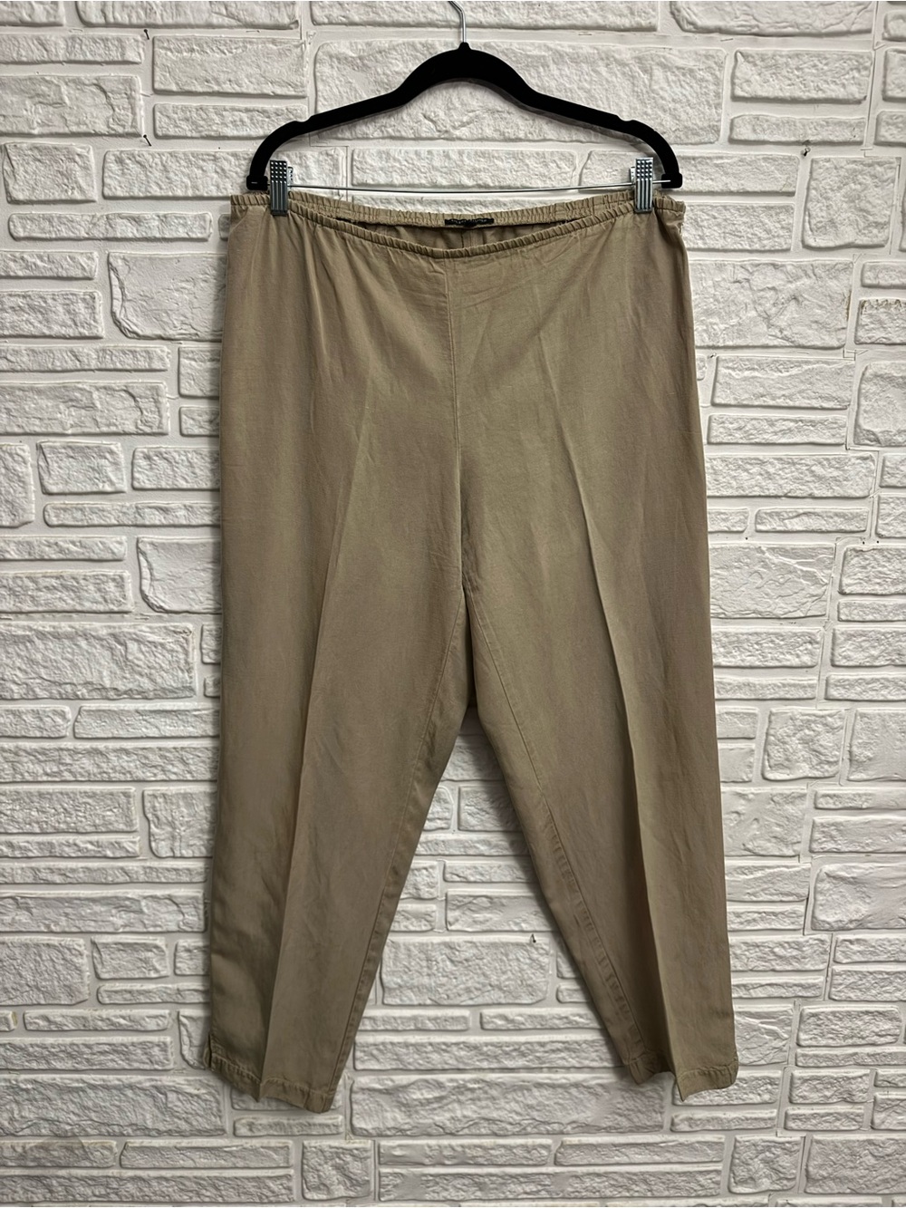 Eileen Fisher Lyocell Linen Blend Crop Pants Large Tan Beige Pull On Trousers